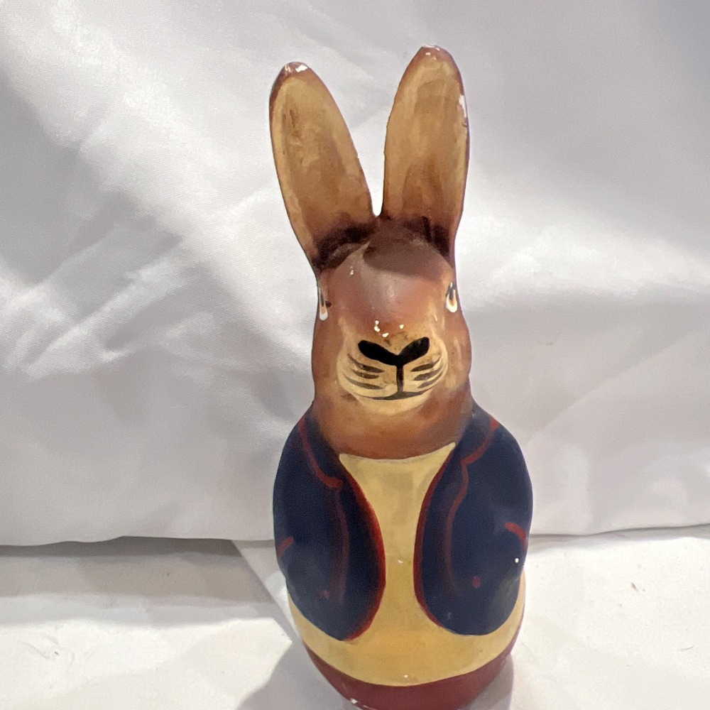 VINTAGE ROLY POLY‎ PAPER MACHE 6.75" BUNNY RABBIT FIGURINE HAND PAINTED